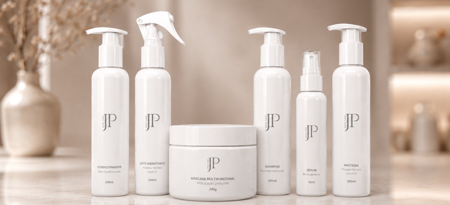 Linha JP Hair Care com shampoo, condicionador, proteína, leite hidratante, sérum e máscara multifuncional